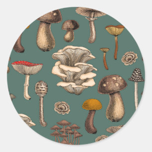 Wild Mushrooms  on pine green Classic Round Sticker