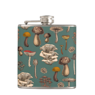 Wild Mushrooms  on pine green Hip Flask