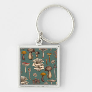 Wild Mushrooms  on pine green Key Ring