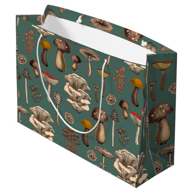 Wild Mushrooms  on pine green Large Gift Bag (Back Angled)