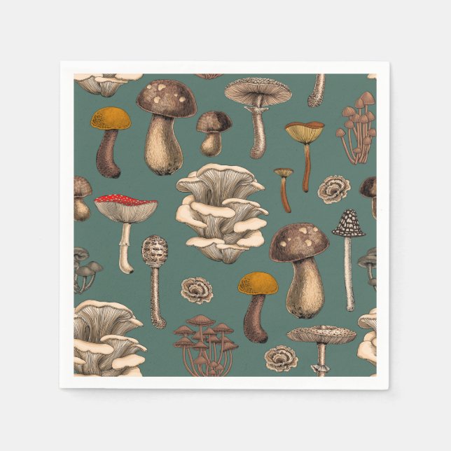 Wild Mushrooms  on pine green Napkin (Front)