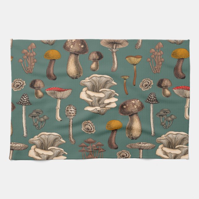 Wild Mushrooms  on pine green Tea Towel (Horizontal)