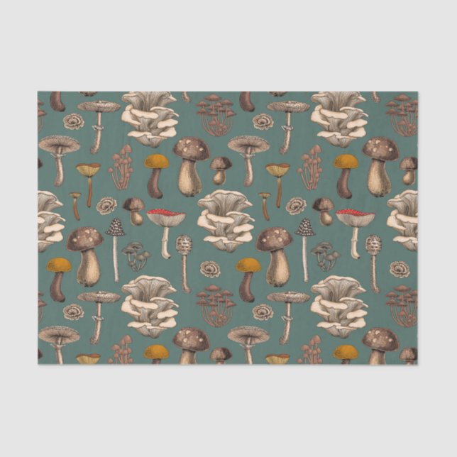 Wild Mushrooms  on pine green Tissue Paper (Front)
