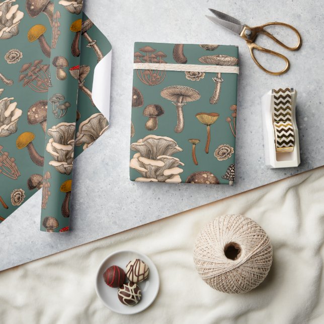 Wild Mushrooms  on pine green Wrapping Paper (Crafts)