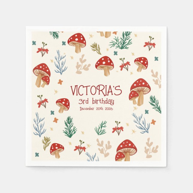 Wild Mushrooms Whimsical Forest Birthday Party Napkin (Front)