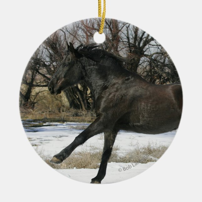 Wild Mustang Horse in the Snow 2 Ceramic Tree Decoration (Front)