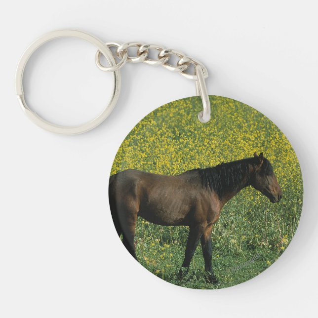 Wild Mustang Horse Standing in Flowers Key Ring (Front)