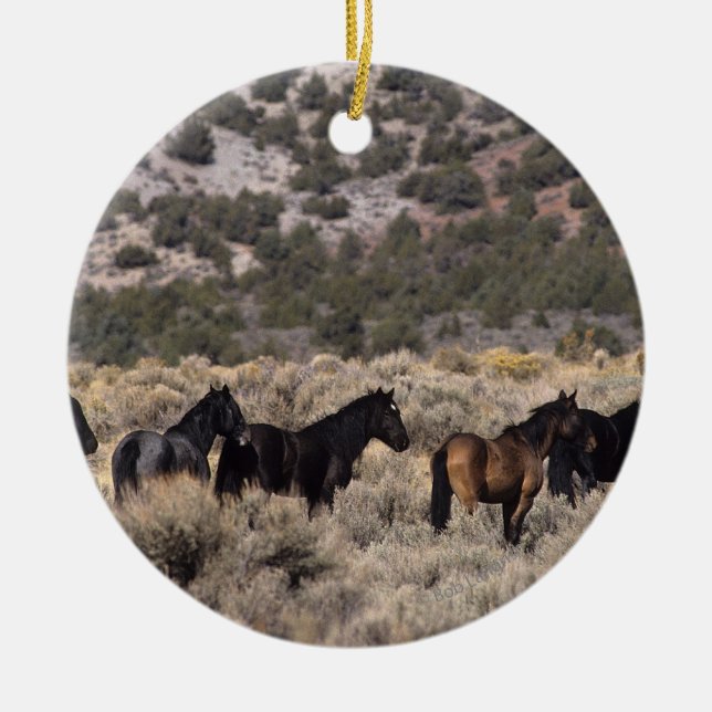 Wild Mustang Horses in the Desert 2 Ceramic Tree Decoration (Front)