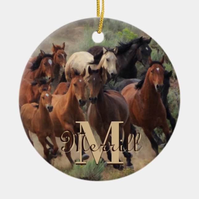 Wild Mustang Horses Monogram Ceramic Tree Decoration (Front)