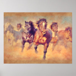 Wild Mustang Horses Stampede Watercolor Poster