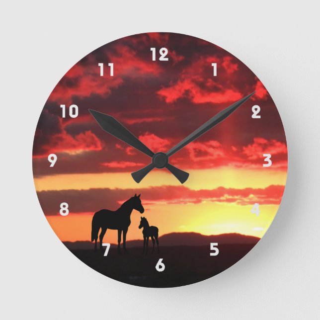 Wild Mustang Mare and Foal Silhouette With Sunset Round Clock (Front)