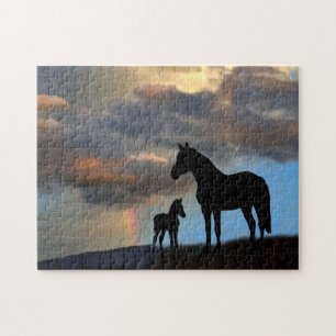 Wild Mustang Mare and Foal With Rainbow Jigsaw Puzzle