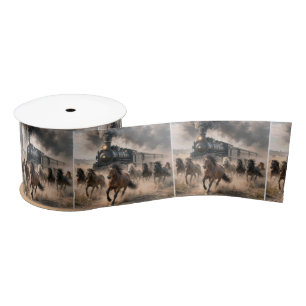 Wild Mustangs Running Alongside Vintage Train Satin Ribbon