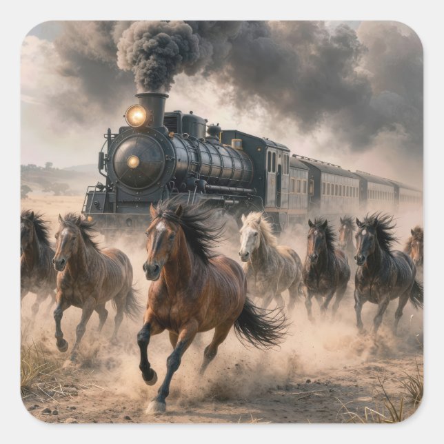 Wild Mustangs Running Alongside Vintage Train Square Sticker (Front)