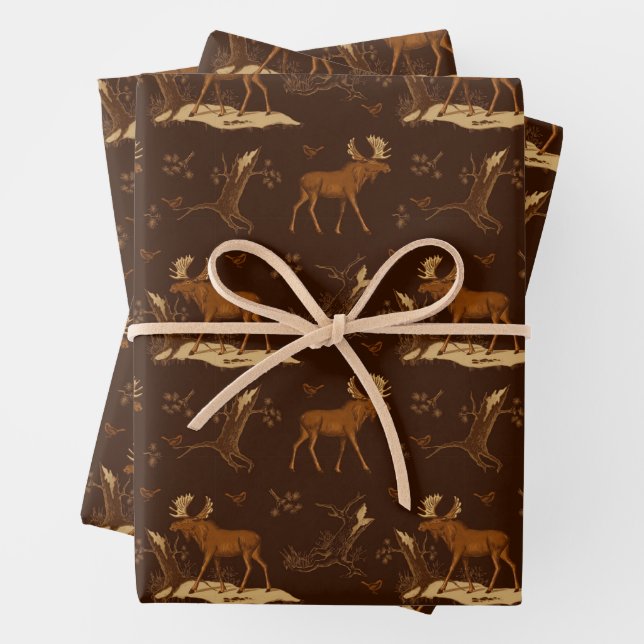 Wild Nature Moose Birds Dark Brown Rustic Woods Wrapping Paper Sheet (In situ)