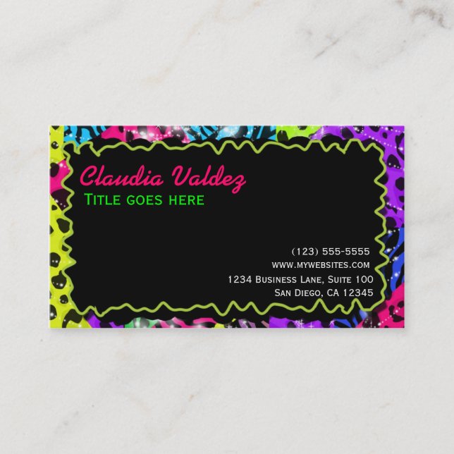 Wild Neon Animal Print Leopard Zebra Business Card (Front)
