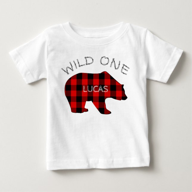 Wild One 1st Birthday Bear Lumberjack Plaid Baby T-Shirt (Front)