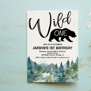 Wild one 1st birthday boy rustic mountains forest invitation