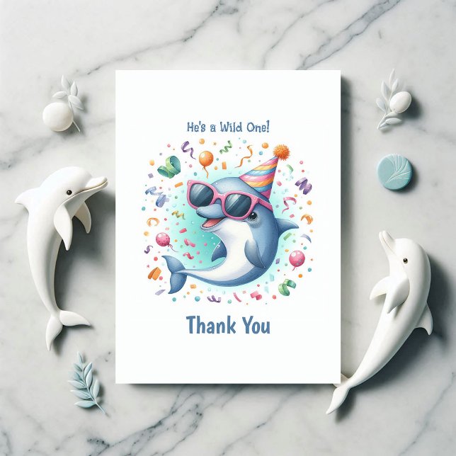 Wild One 1st Birthday Dolphin Themed Thank You Card (Wild One 1st Birthday Dolphin Themed Thank You Card)