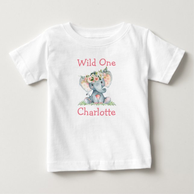 Wild One 1st Birthday Elephant Flower Crown Baby T-Shirt (Front)