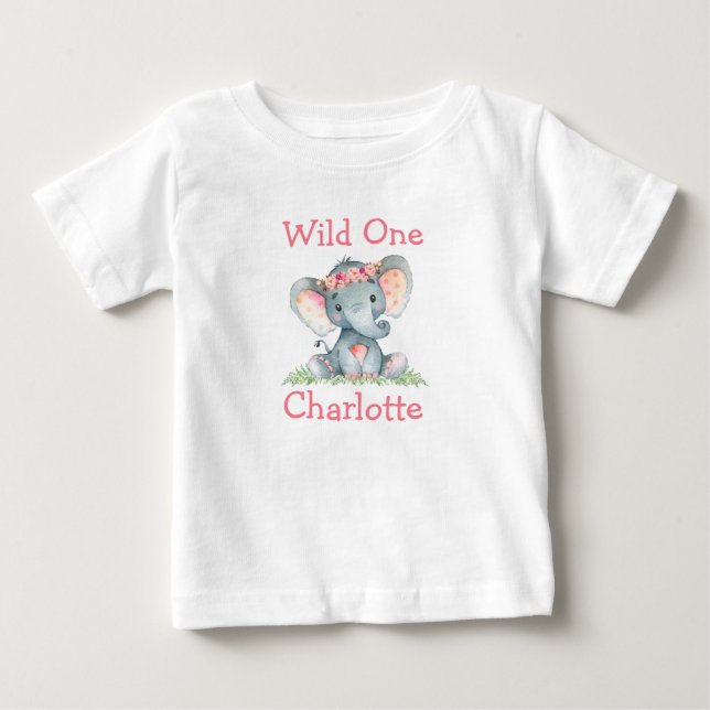 Wild One 1st Birthday Elephant Pink Flowers Baby T-Shirt (Front)
