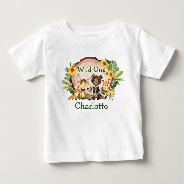 Wild One 1st Birthday Forest Animals Sunflowers Baby T-Shirt (Front)