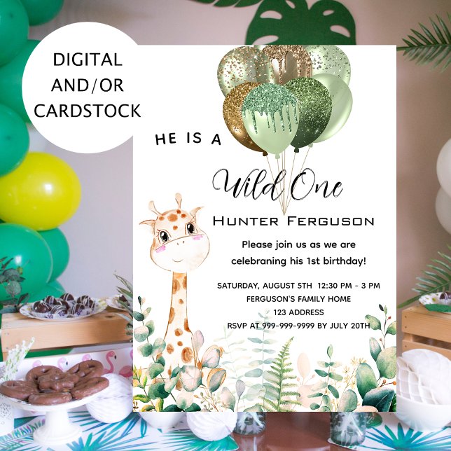 Wild one 1st birthday giraffe jungle balloons invitation (Creator Uploaded)