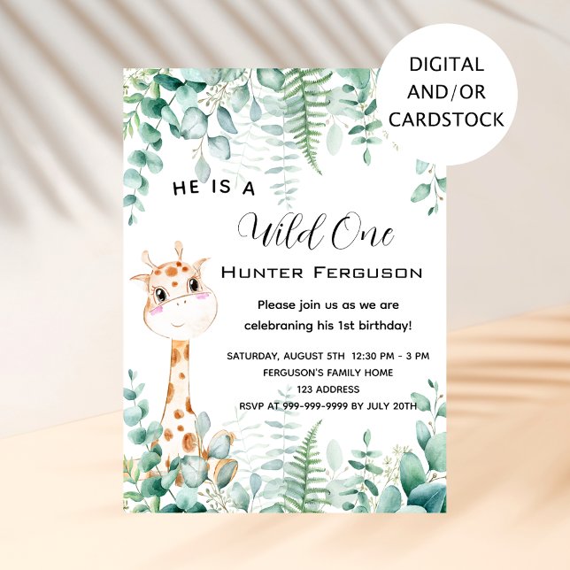 Wild one 1st birthday giraffe jungle forest invitation (Creator Uploaded)