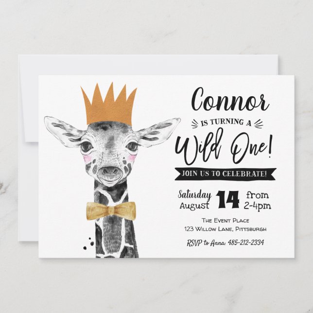 Wild One 1st Birthday Invitation Giraffe Jungle (Front)
