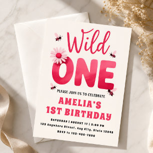 Wild One 1st Birthday Invitation Girl Pink Daisy B