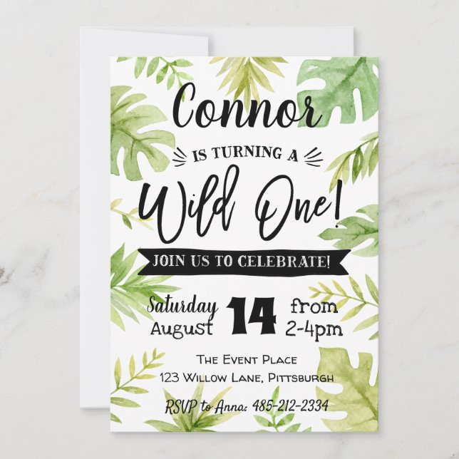 Wild One 1st Birthday Invitation Jungle leaves (Front)