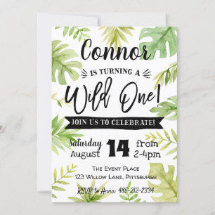 Wild One 1st Birthday Invitation Jungle leaves
