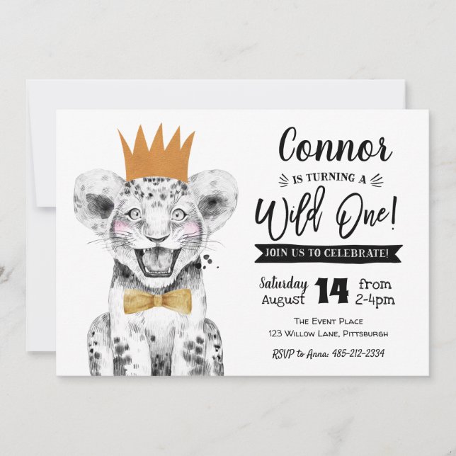 Wild One 1st Birthday Invitation Jungle lion (Front)