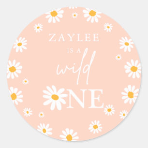 Wild One 1st Birthday Party Boho Retro Peach Daisy Classic Round Sticker