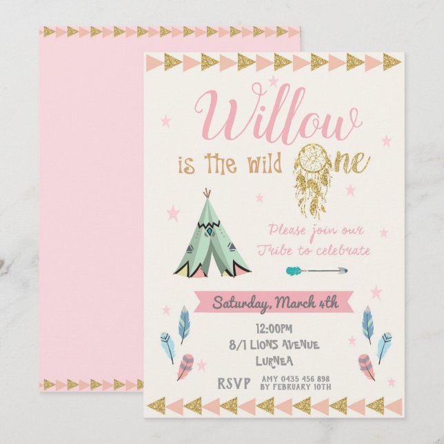 Wild One 1st Birthday Party Girl Tribal Pink Gold Invitation (Front/Back)