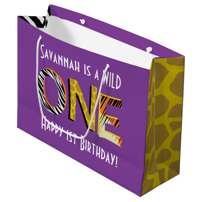Wild One 1st Birthday Party Safari Large Gift Bag (Front Angled)