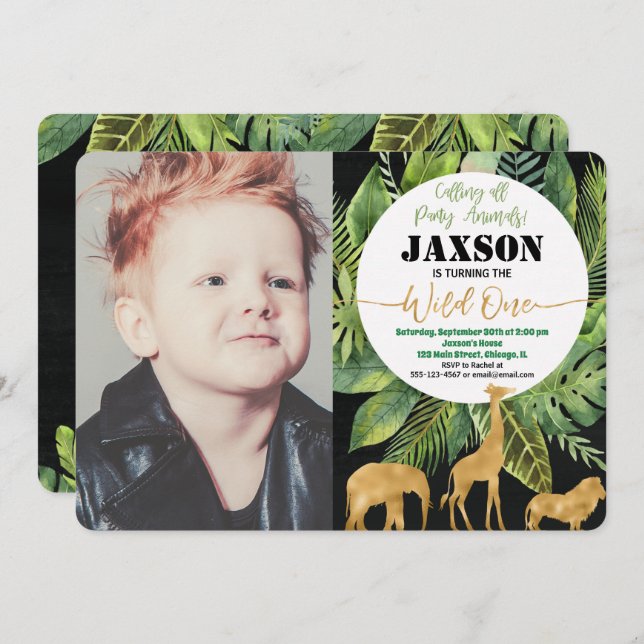 Wild one 1st birthday photo invitation boy safari (Front/Back)