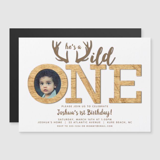 Wild One 1st Birthday Photo Magnetic Invitation (Front/Back)