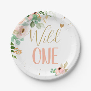 Wild One 1st Birthday Pink Gold Girl Flowers Paper Plate