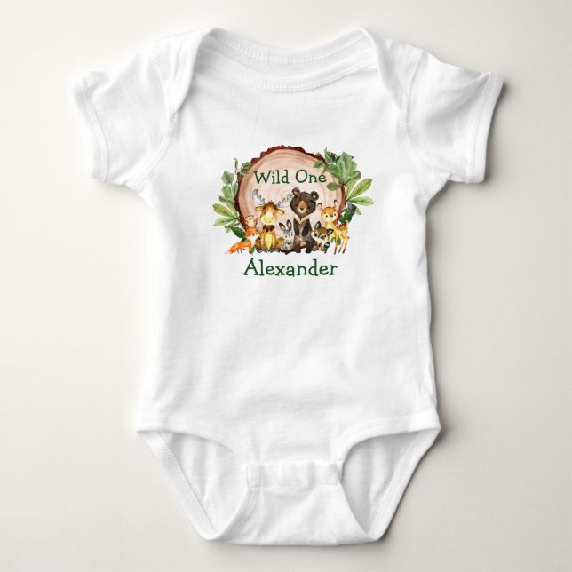 Wild One 1st Birthday Rustic Forest Animals Baby Bodysuit (Front)