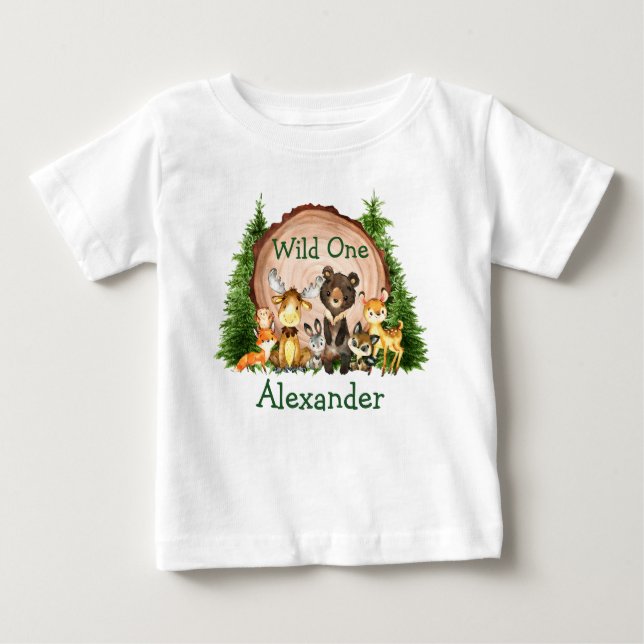 Wild One 1st Birthday Rustic Trees Forest Animals Baby T-Shirt (Front)
