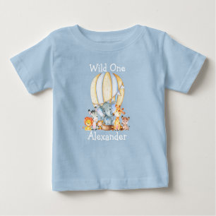 Wild One 1st Birthday Safari Animals Balloon Blue Baby T-Shirt