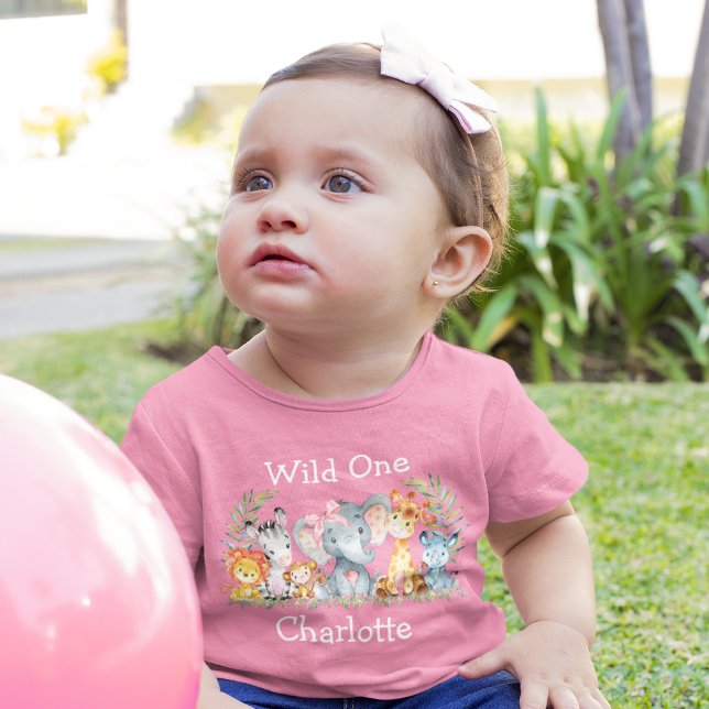 Wild One 1st Birthday Safari Animals Bow Pink Baby T-Shirt (Customize to change text size or text style.)