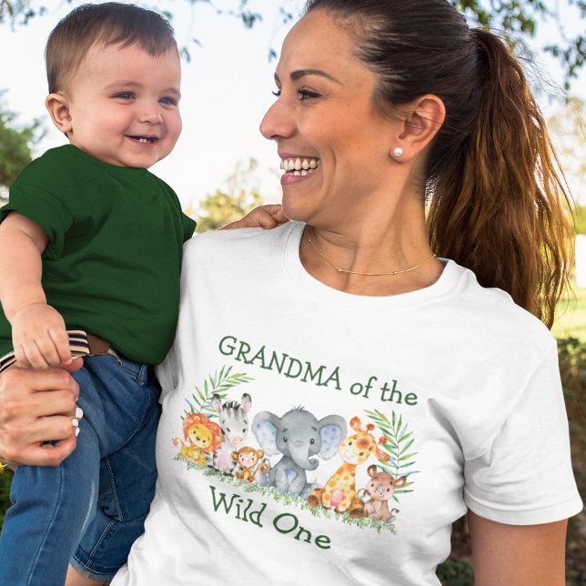 Wild One 1st Birthday Safari Animals Grandma T-Shirt (Customize to change text color. Many sizes & styles to choose from.)