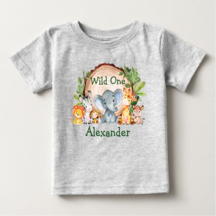 Wild One 1st Birthday Safari Animals Greenery Grey Baby T-Shirt