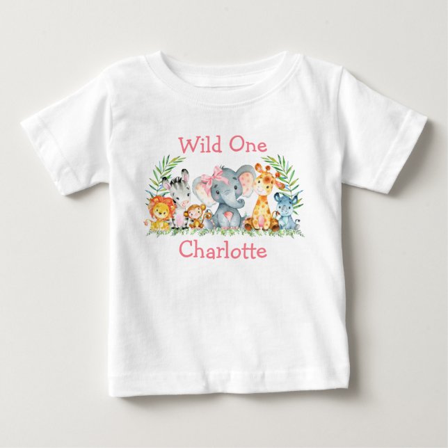 Wild One 1st Birthday Safari Animals Pink Bow Baby T-Shirt (Front)