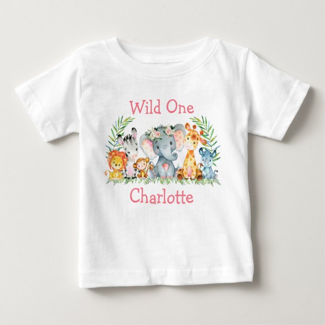 Wild One 1st Birthday Safari Animals Pink Flowers Baby T-Shirt (Front)