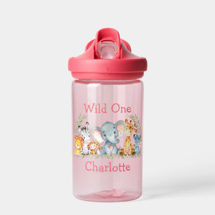 Wild One 1st Birthday Safari Animals Pink Water Bottle