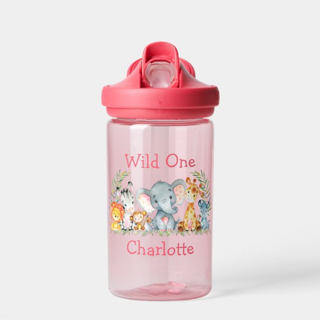 Wild One 1st Birthday Safari Animals Pink Water Bottle (Front)