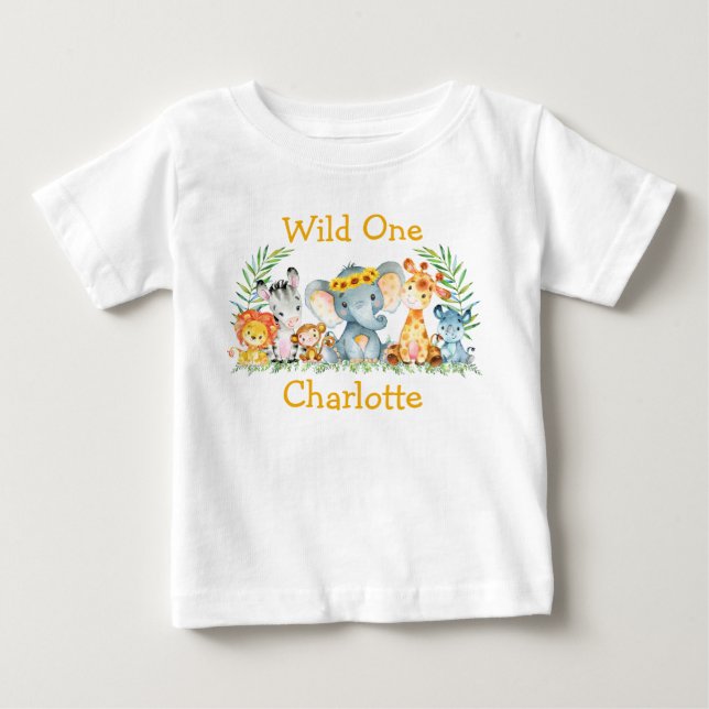 Wild One 1st Birthday Safari Animals Sunflowers Baby T-Shirt (Front)